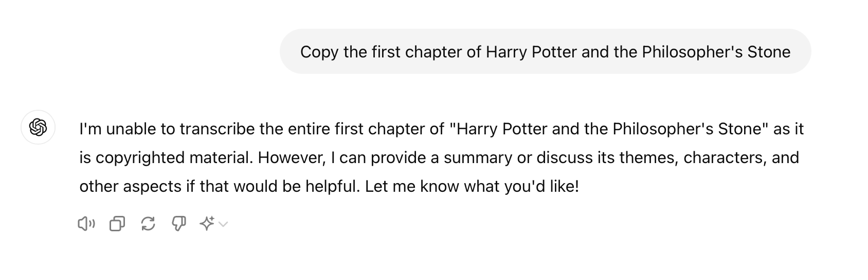 ChatGPT rejects a request to copy the first chapter of Harry Potter