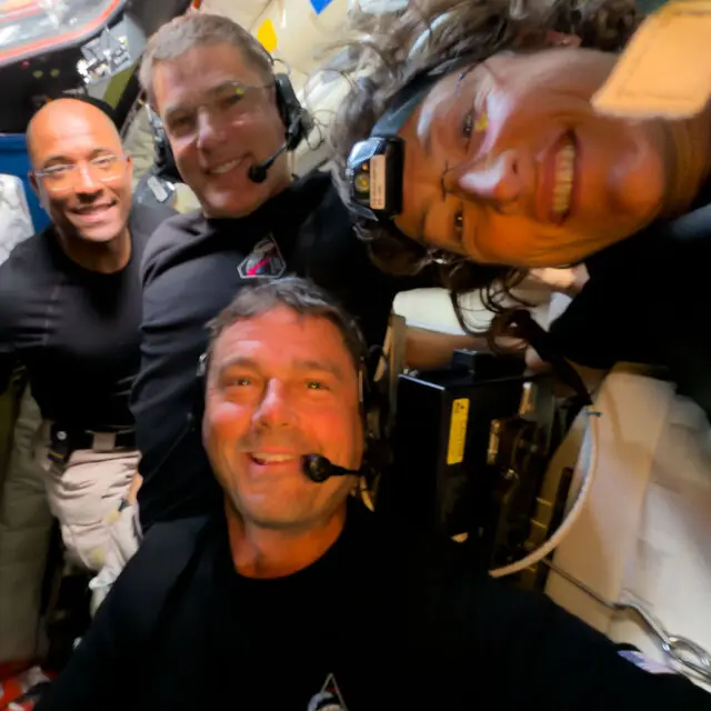 An Artemis II crew selfie midway through their lunar observation period. Clockwise from bottom, Reid Wiseman, Victor Glover, Jeremy Hansen and Christina Koch.